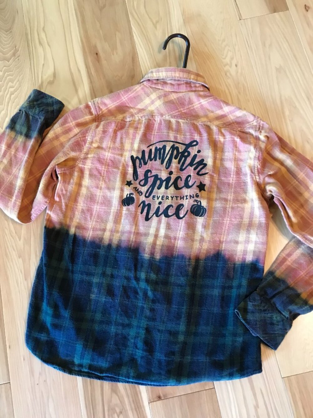 Bleached Flannel Autumn Shirt Upcycled, Painted Pumpkin Spice Sz Junior Medium